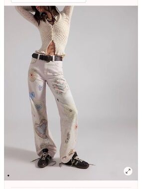 We The Free Cream Wide-Leg Jeans with Pastel Heart Embroidery